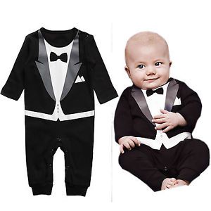 Boy Baby Toddler Romper Outfit Jumpsuit Tuxedo Print Bowtie Overalls Clothes