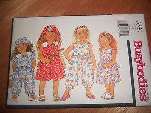New Butterick Busybodies Pattern 3330 Toddler Girls Dress Jumpsuit Hat Sz 1 2 3