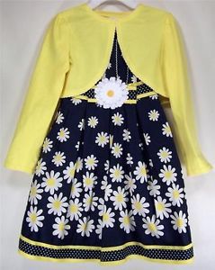 Youngland Infant Toddler Girl's 2 PC Set Yellow Shrug Navy Daisy Print Dress