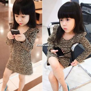 Fashion Kids Girl Long Sleeves Round Collar Casual Leopard Party Skirt Dress Top