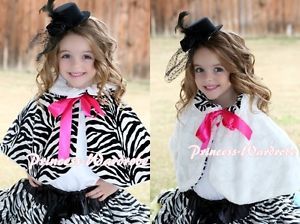 Hot Pink Bow Baby Girl Fluff Reversible Zebra Print Petti Shawl Coat Scarf 6M 6Y