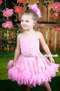 Baby Girl Light Pink Romantic Rose Top Pink Feather Posh Skirt Set NB 3Year