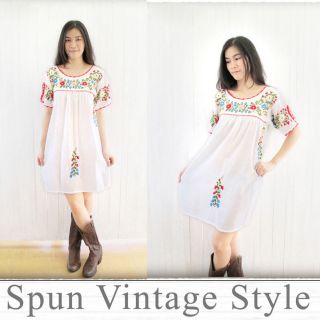 Vtg Mexican Style Embroidered Baby Doll Dress Tunic Top White BSS