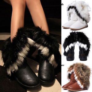 Warm Womens Winter Detachable Warm Faux Rabbit Fur Waterproof Flat Snow Boots