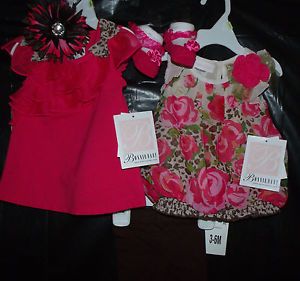 3 6 Month Baby Girl 5 PC Lot 2 Dress Top Leggings Pink Brown Headband Socks