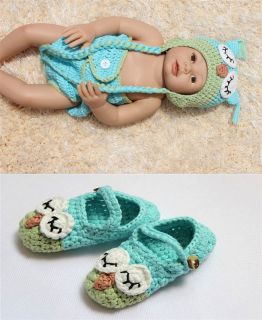 Handmade Knit Crochet Skyblue Green Owl Baby Hats Shoes Nappy Newborn Photo Prop