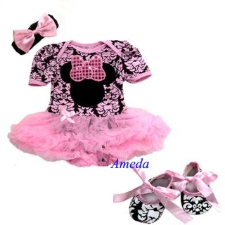 Baby Pink Brown Minnie Mouse Damask Romper Pettiskirt Bodysuit Shoes Dress 0 18M