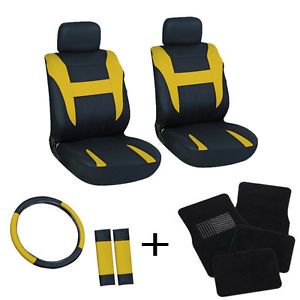 13pc Front Bucket Chair Seat Cover Set Yellow Black Wheel Belt Head Floor Mat