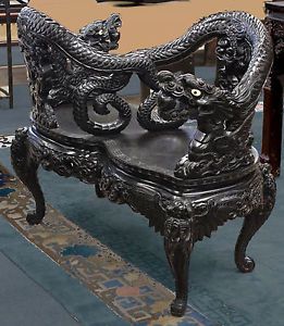 RARE Signed Antique Japanese Hand Carved Masterpiece Tete A Tete Chair