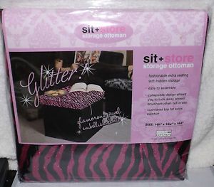Pink Glitter Zebra Print Storage Ottoman Table Seat Jungle Dorm Furniture Jewels