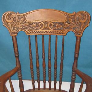 Exceptional Victorian Carved Oak Pressback Office Chair Top w Arms Must See