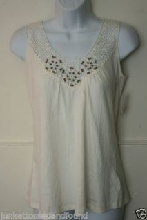 New French Laundry Women White Tank Cami Top Blouse Beaded Crinkle S A287