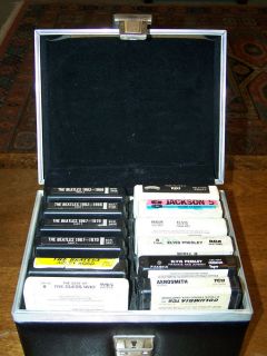 12 Vtg 8 Track Music Tapes Cassettes and Carrying Case Beatles Elvis Kiss