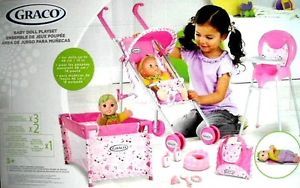 New Graco 10 PC Baby Doll Playset Stroller Playpen High Chair Pacifier SEALED