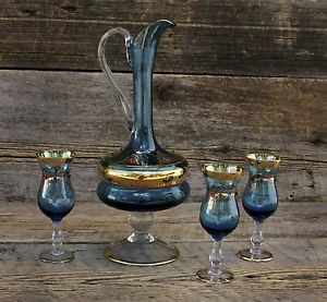 Vintage Murano Art Glass Pitcher w 3 Glasses Decanter Set w Gold Gilt Jewels