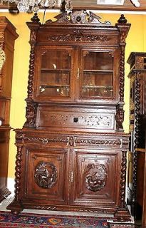 French Antique Carved Oak Barley Twist Hunt Scene Buffet Display Cabinet