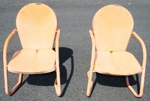Vtg 50s Orange Metal Porch Chairs Bounce Mid Century Modern Lawn Hotel Retro 60s