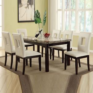 7 Pcs Two Toned Faux Marble Table Top Cool White Bycast Leather Chair Dining Set
