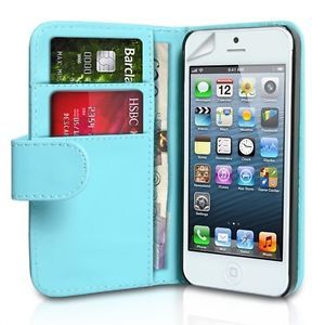 Wallet PU Leather Credit Card Holder Pouch Cover Case iPhone 5 Light Blue