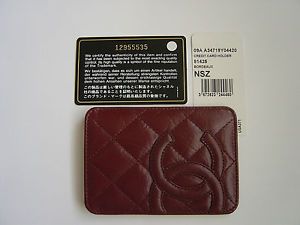 New Chanel Quilted Lambskin Leather Credit Card Case Holder Wallet Bordeaux