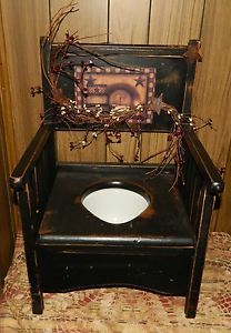 Old Wooden Childs Potty Chair Distressed Black Berries Twig Rusty Stars