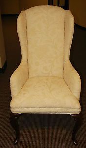 Beautiful Ivory Crewel Wingback Queen Anne Style Chairs Pair
