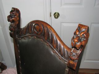 Antique Oak Chair Victorian Wood Carved Lions Head Oak Chair Claw Feet Masonic