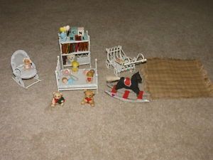 Vintage Doll House Furniture Wire Bed Chair Shelf and Stroller Accesories