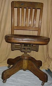Vintage Antique Oak Wood Office Chair Swivel Spring Back Steel Wheels Secretary