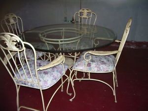 Wrought Iron 48" Glass Top Table 4 Arm Chairs Dining Patio Set Metalcraft