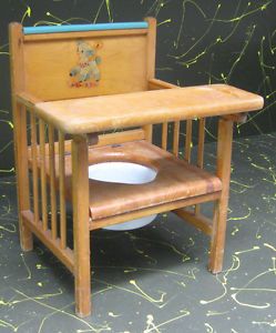 Vintage Oak Hill "Little Lamb" Wooden Child's Potty Chair w Enamel Bowl