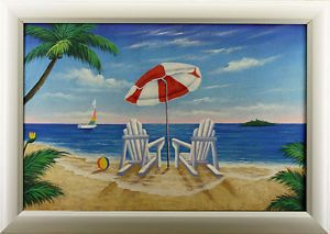 Beach Chairs Umbrella Island Coast Palm Trees Art Framed Oil Painting