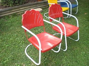 2 Vintage Metal Bounce Patio Lawn Chair Retro 1940's Red w White Legs Art Deco