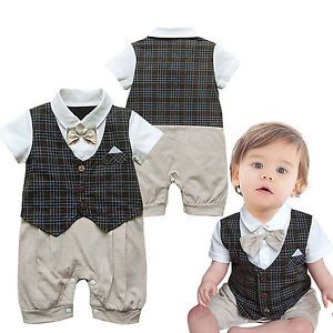 Boy Baby Toddler Plaids Vest Romper Outfit Jumpsuit Bowtie Tuxedo Overalls 0 2Y