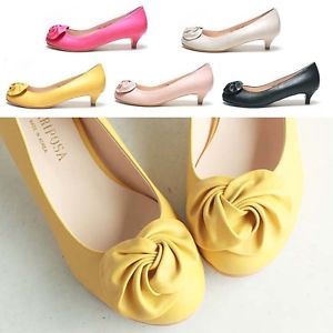 Women's Shoes Low Heels Bow Decor Round Toe Pumps Black Beige Pink Yellow 407