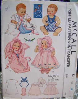 RARE Original Vtg 1937 McCall 513 Baby Doll Clothes Pattern 15" DY Dee Complete