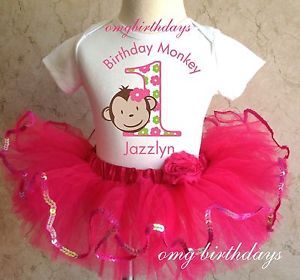 Mod Monkey Pink Green Flowers Birthday Shirt Tutu Set 1st 2nd First Second