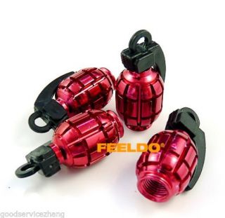 4 x Red Grenade Style Wheel Tyre Tire Metal Valves Stems Air Dust Covers Caps