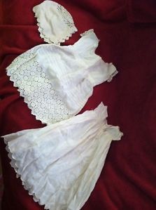 3 PC Lot 1800's Victorian Baby Doll Clothes Gown Dress Bonnet