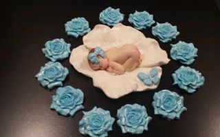 Fondant Edible Baby Cake Topper Favor Decoration Baby Shower Baptism 1st Roses