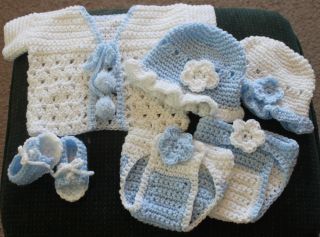 6 Piece Hand Crochet Baby Outfit Sweater 2 Diaper Cover 2 Bonnet Sandals