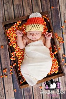 Newborn Baby Candy Corn Fall Photo Prop Crochet Knit Handmade Orange Yellow Hat 