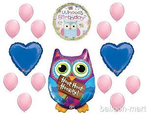 16P Hoot Owl Balloons Set Birthday Party Supplies Kit Latex Lot Pink Blue Hooray