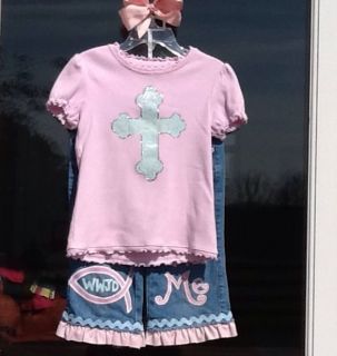 Custom Boutique Resell Easter Denim Capri Outfit Size 4T Jesus Loves Me
