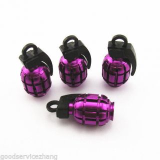 4 x Purple Grenade Style Wheel Tyre Tire Metal Valves Stems Air Dust Covers Caps