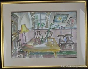 Watercolor Pink Dining Room Table Chairs Buffet Pencil Sketching Framed