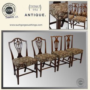 Antique Set 4 Upholstered Dining Chairs Chippendale Hepplewhite Revival C1870