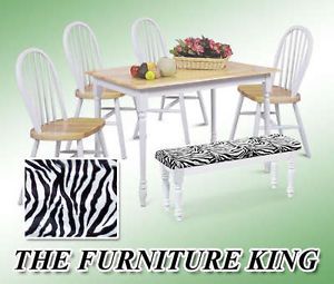 RK14 6pc Dining Table Set 4 Chairs Natural White Bench Zebra Animal Print Seat