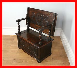 Antique Victorian 3ft Carved Oak Hall Settle Monks Bench Kitchen Pew Chair Seat