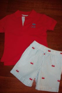 Kellys Kids Boys Monogrammed Crab Red Polo Seersucker Shorts Set Sz XXS 2 2T